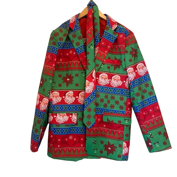 Dec 25th Christmas Not So Suit Suit 3 Piece Coat Pants Tie Santa Mens Size Large - Picture 3 of 16
